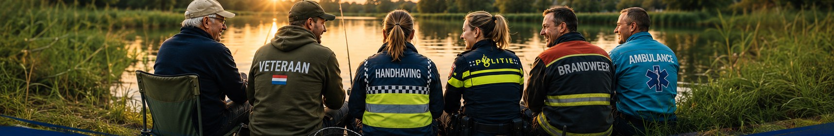 Een veteraan, een handhaver, een politieagent, een brandweerman en een ambulancemedewerker zitten samen met een vrijwilliger aan de waterkant te vissen bij zonsondergang.
